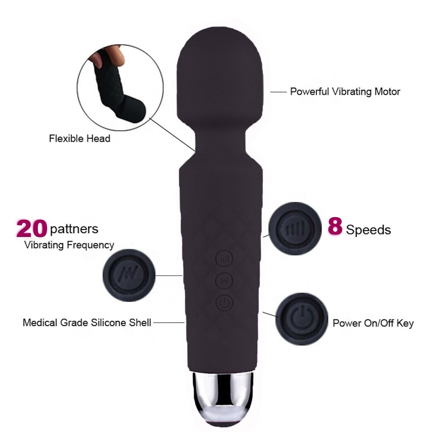 Bloom Ritual Body Massage Wand - 20 Modes 8 Speeds Flexible Neck Waterproof