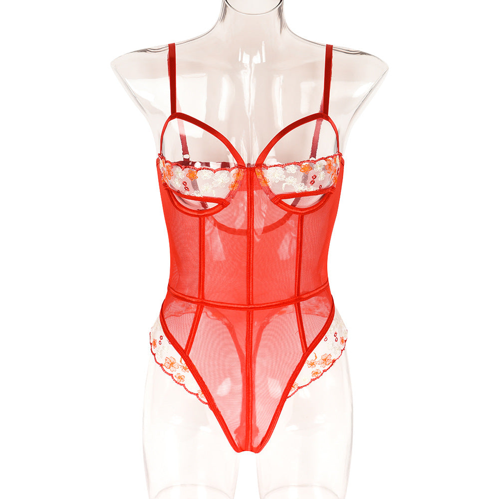 Embroidered Lace Mesh Bodysuit Red White Sheer Lingerie | Bloom Intimate