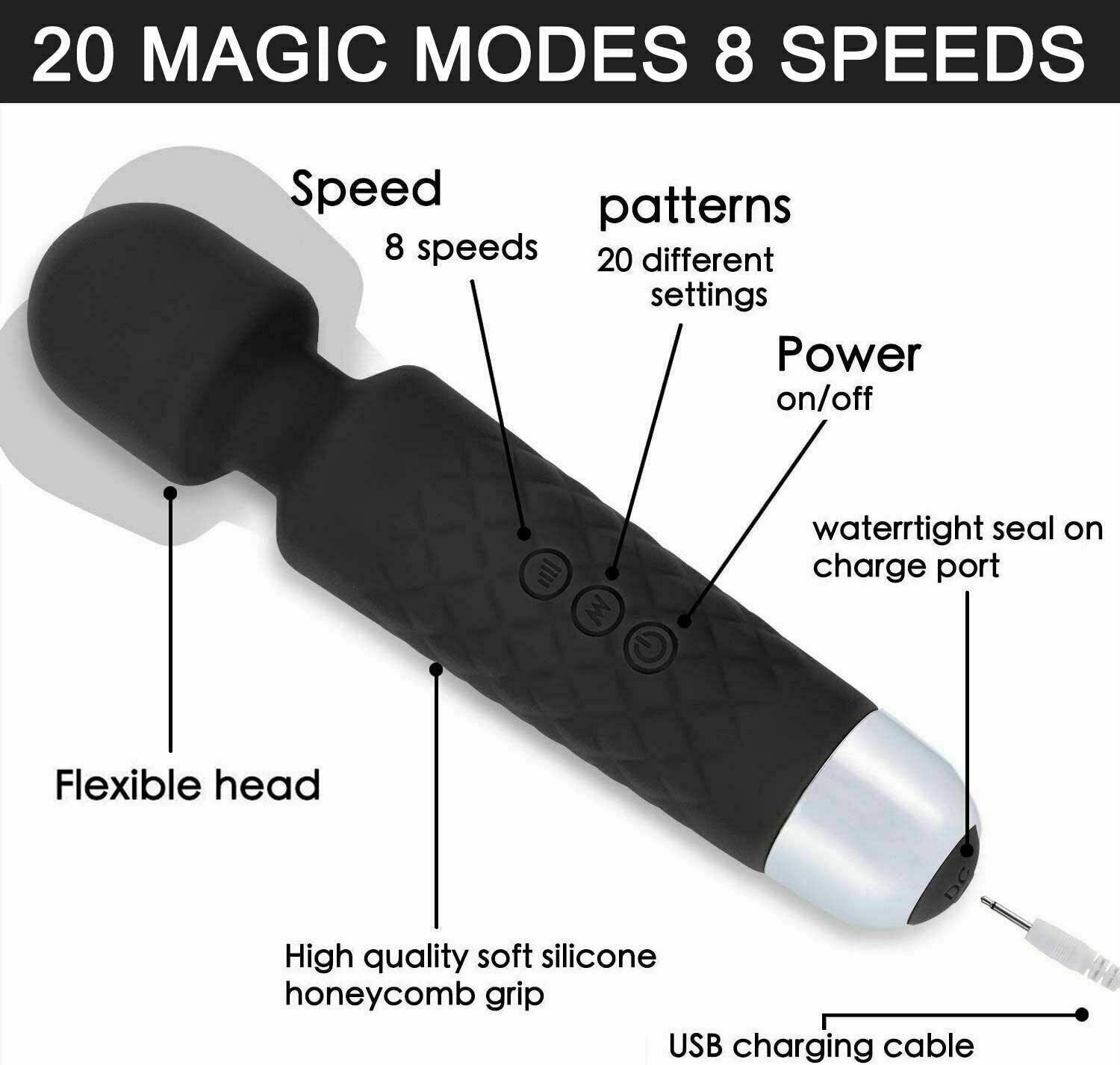 Bloom Ritual Body Massage Wand - 20 Modes 8 Speeds Flexible Neck Waterproof
