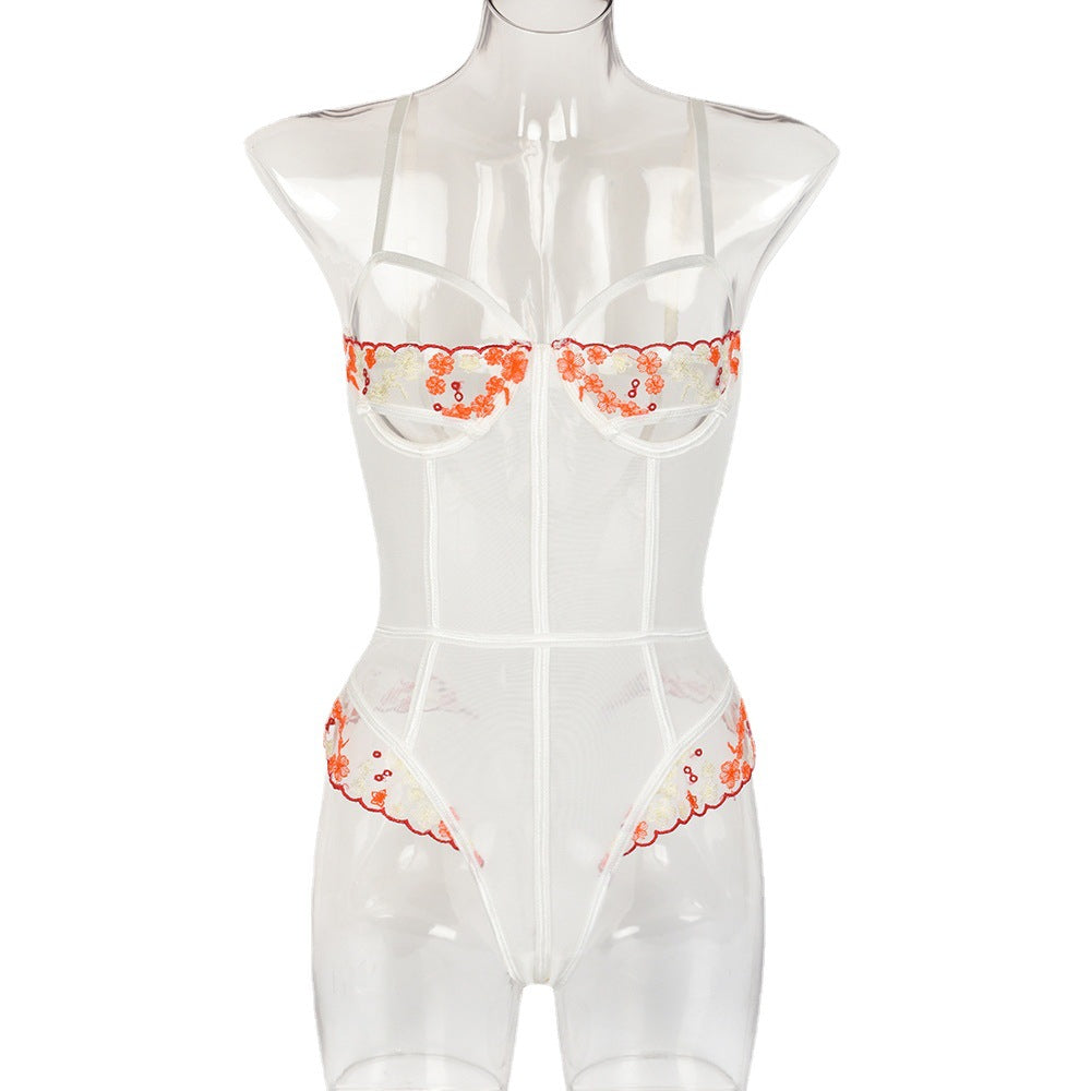 Embroidered Lace Mesh Bodysuit Red White Sheer Lingerie | Bloom Intimate