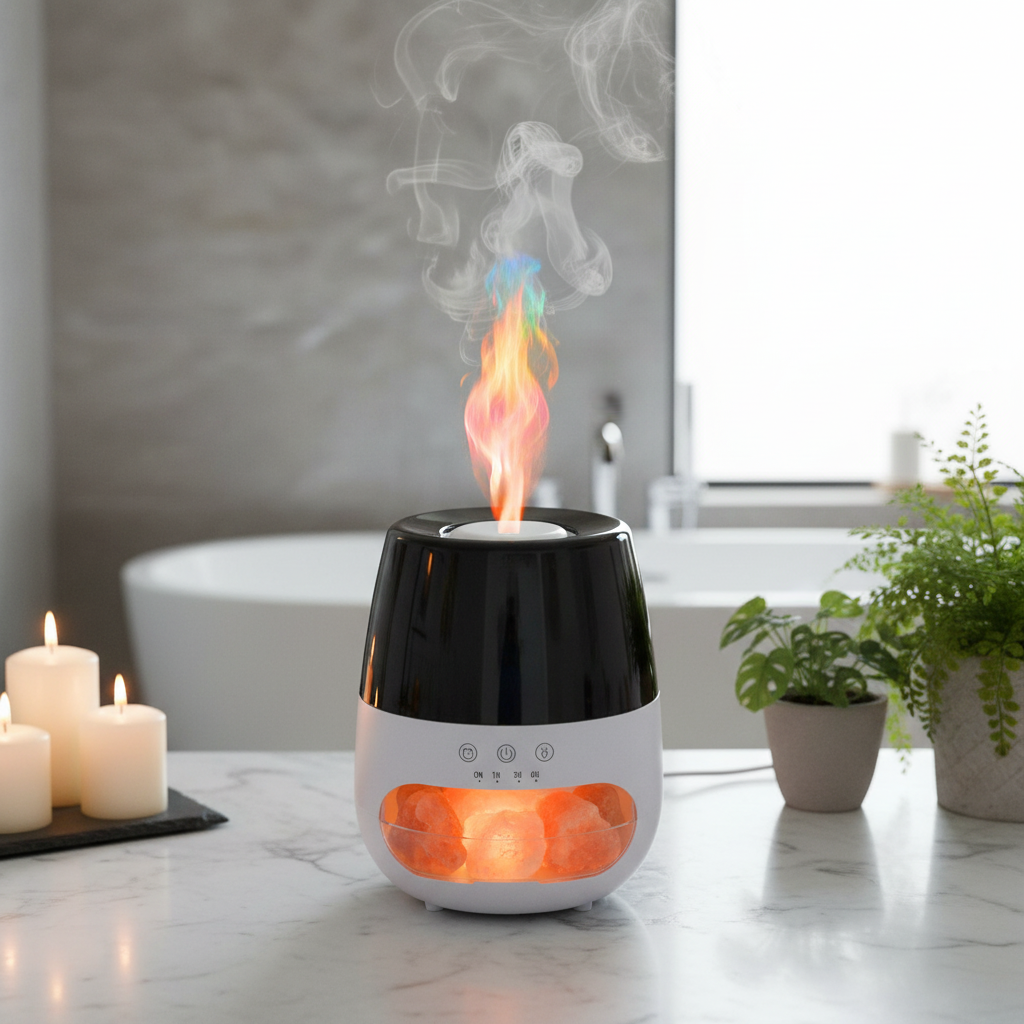 Salt Stone Flame Aromatherapy Diffuser in spa bathroom setting