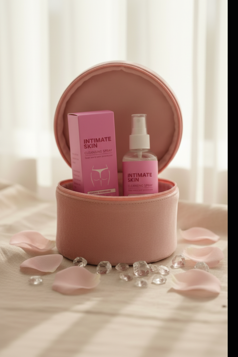 Intimate Skin Cleansing Spray in open cosmetic bag