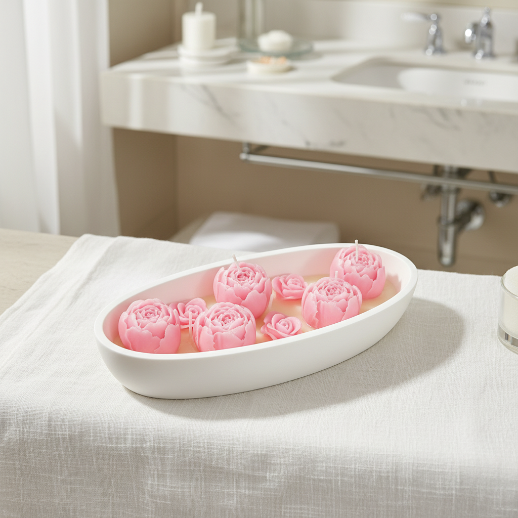 Peony rose candle set on white linen spa setting