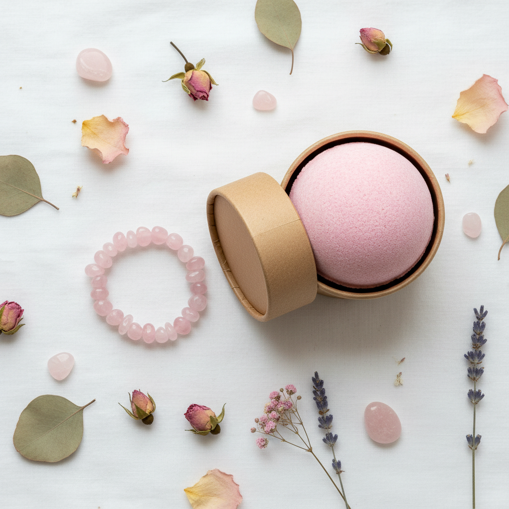 Rose quartz crystal bath bomb flat lay