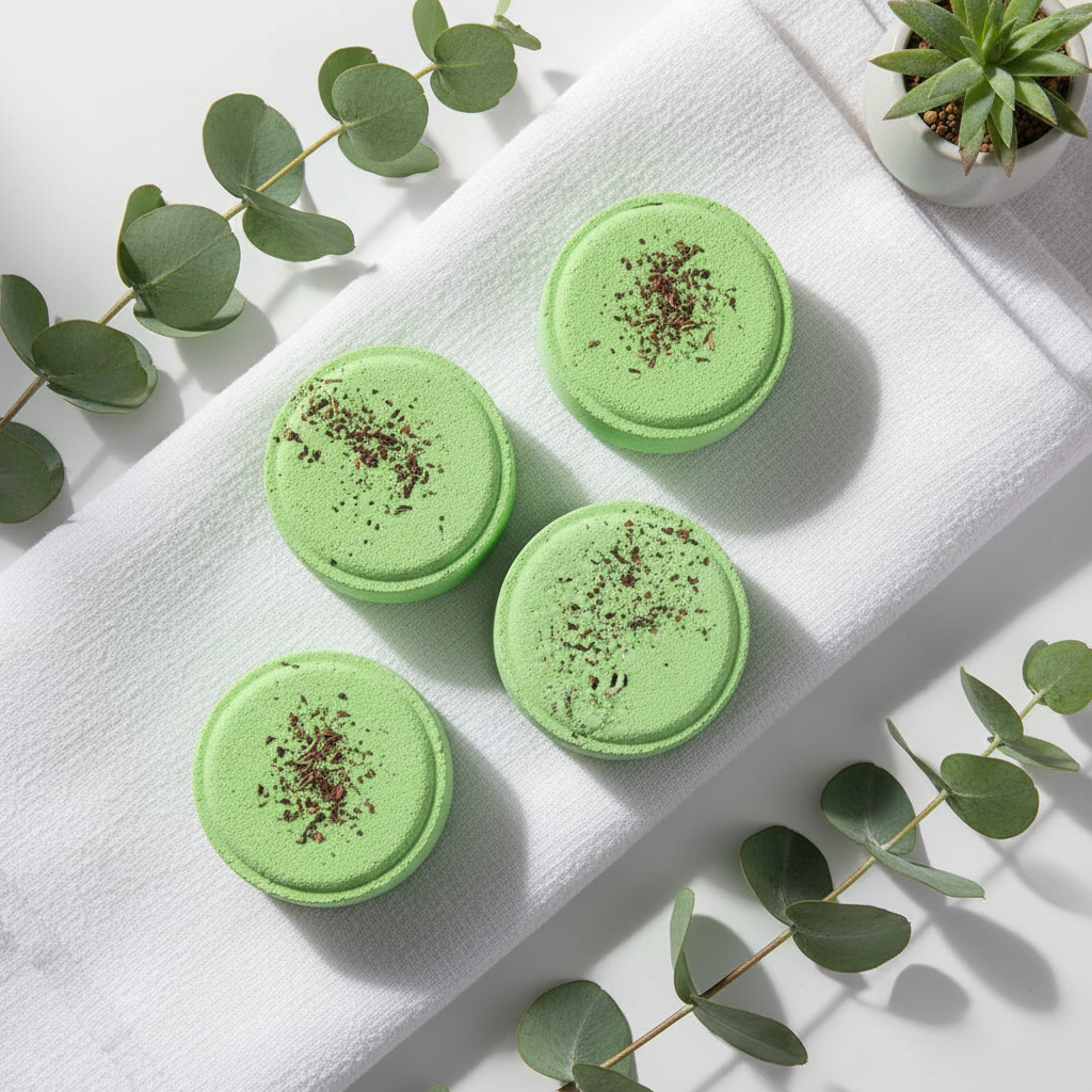 Flat lay of shower steamers on white linen towel