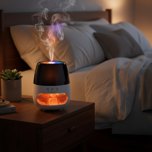 Salt Stone Flame Aromatherapy Diffuser on bedroom nightstand