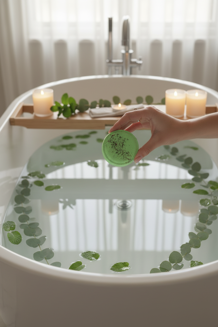 Woman holding shower steamer over luxury bathtub with mint leaves