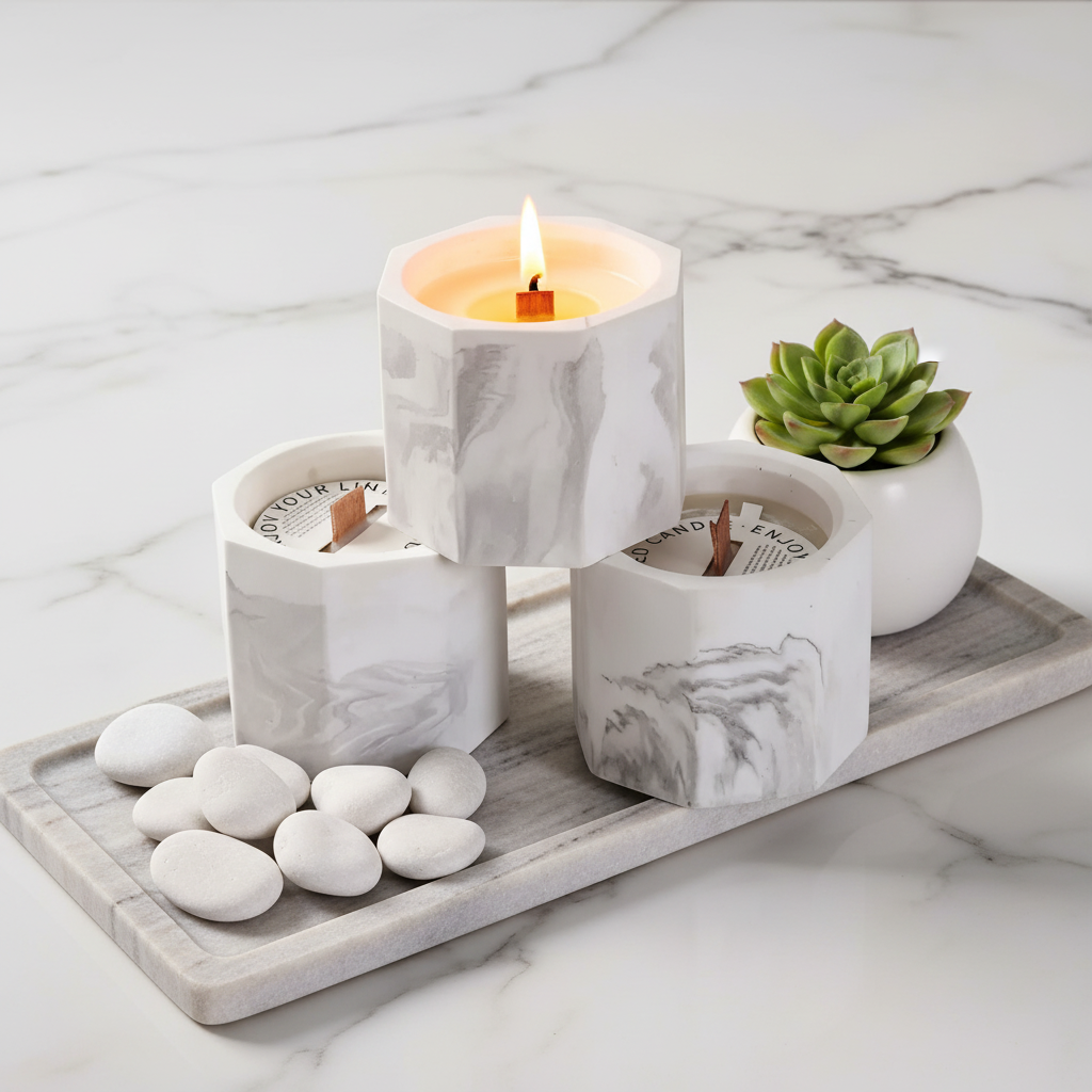 Marble geometric candle lit on marble tray