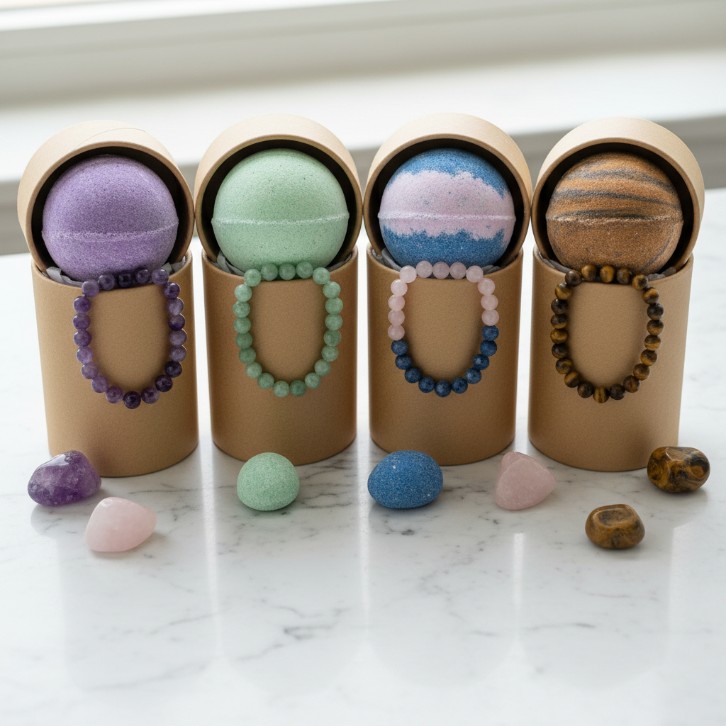 Crystal gem bracelet bath bomb sets on marble surface