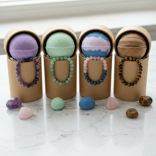 Crystal gem bracelet bath bomb sets on marble surface