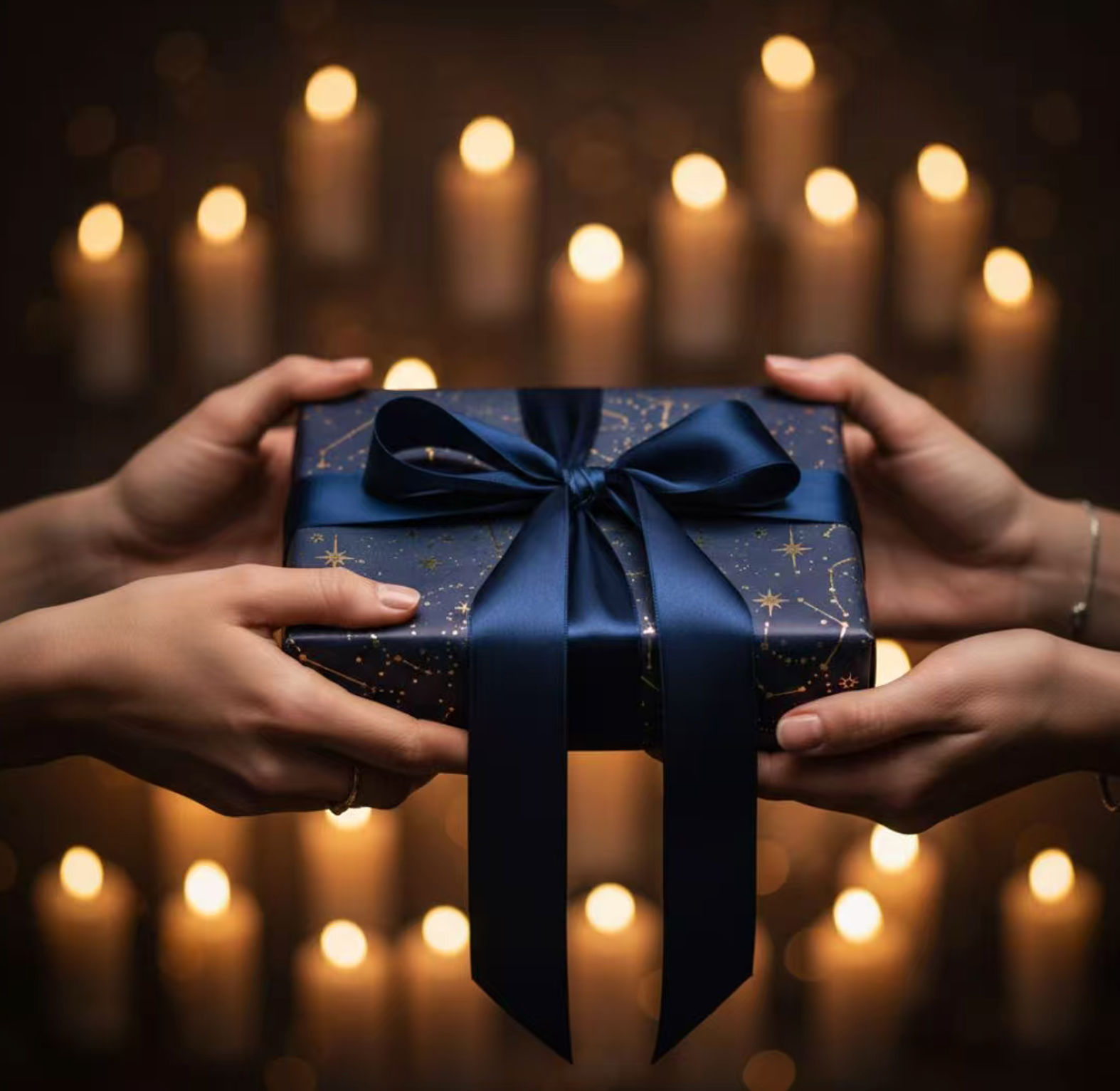 Zodiac Crystal Candle & Bracelet Gift Set in star constellation gift box with candlelight background