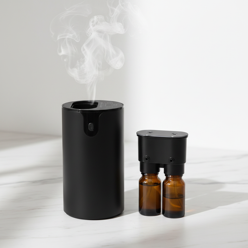 Black nebulizer marble surface mist rising