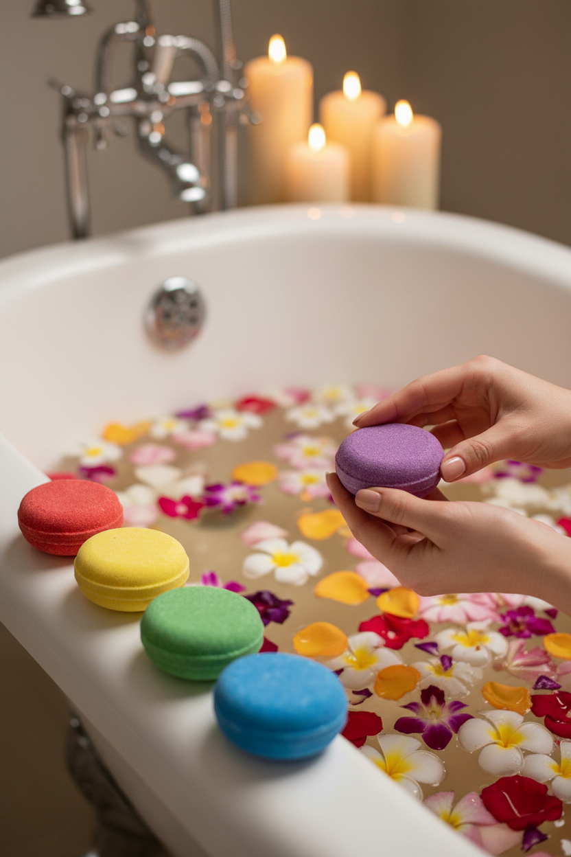 Woman holding purple chakra bath fizzer over luxury bathtub