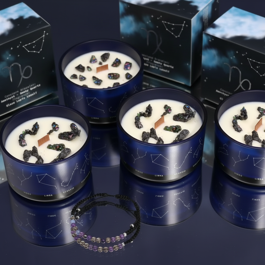 Zodiac crystal candle gemstone bracelet gift set collection