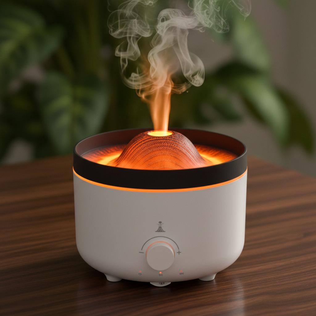 Volcano effect aroma diffuser with orange amber flame, 360ml ultrasonic essential oil diffuser, dark background