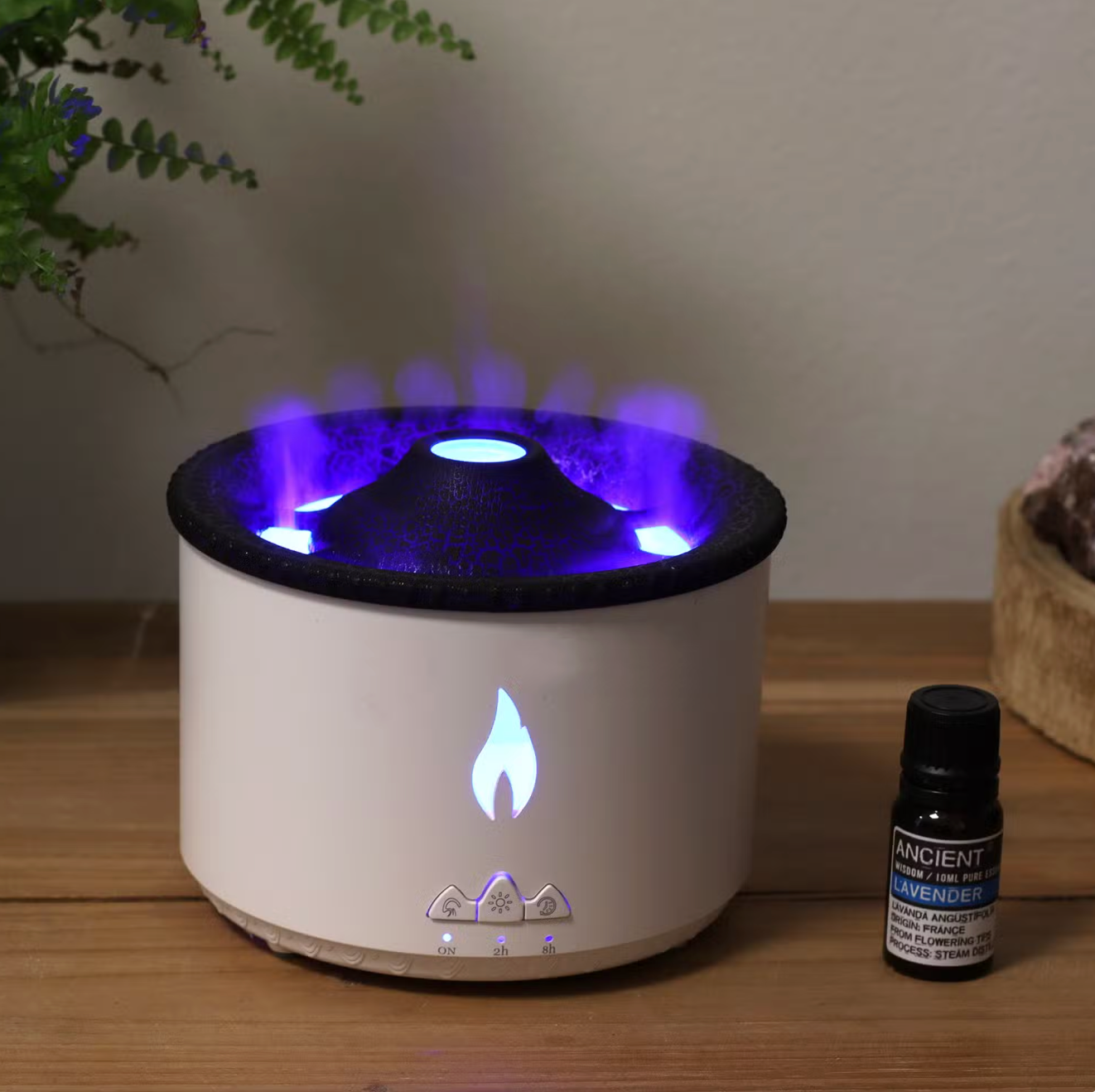 Volcano effect aroma diffuser with purple blue colour-changing flame light, 360ml ultrasonic essential oil diffuser