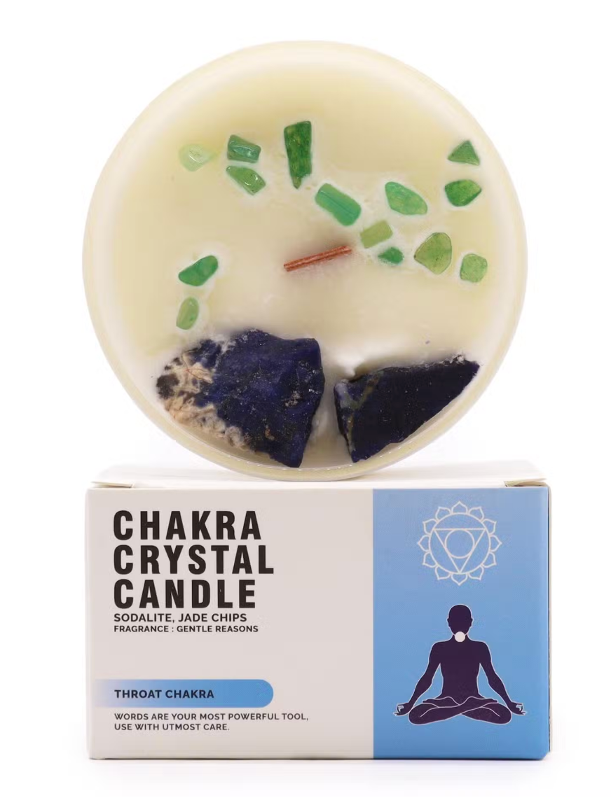 Throat Chakra Crystal Candle - Sodalite, Jade Chips - Fragrance: Gentle Reasons