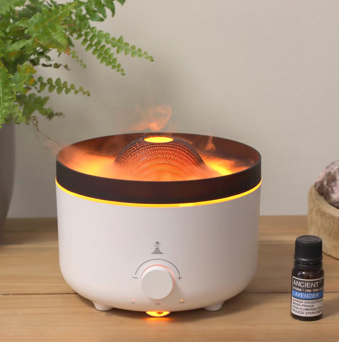 Volcano effect aroma diffuser with warm orange amber flame light, 360ml ultrasonic essential oil diffuser