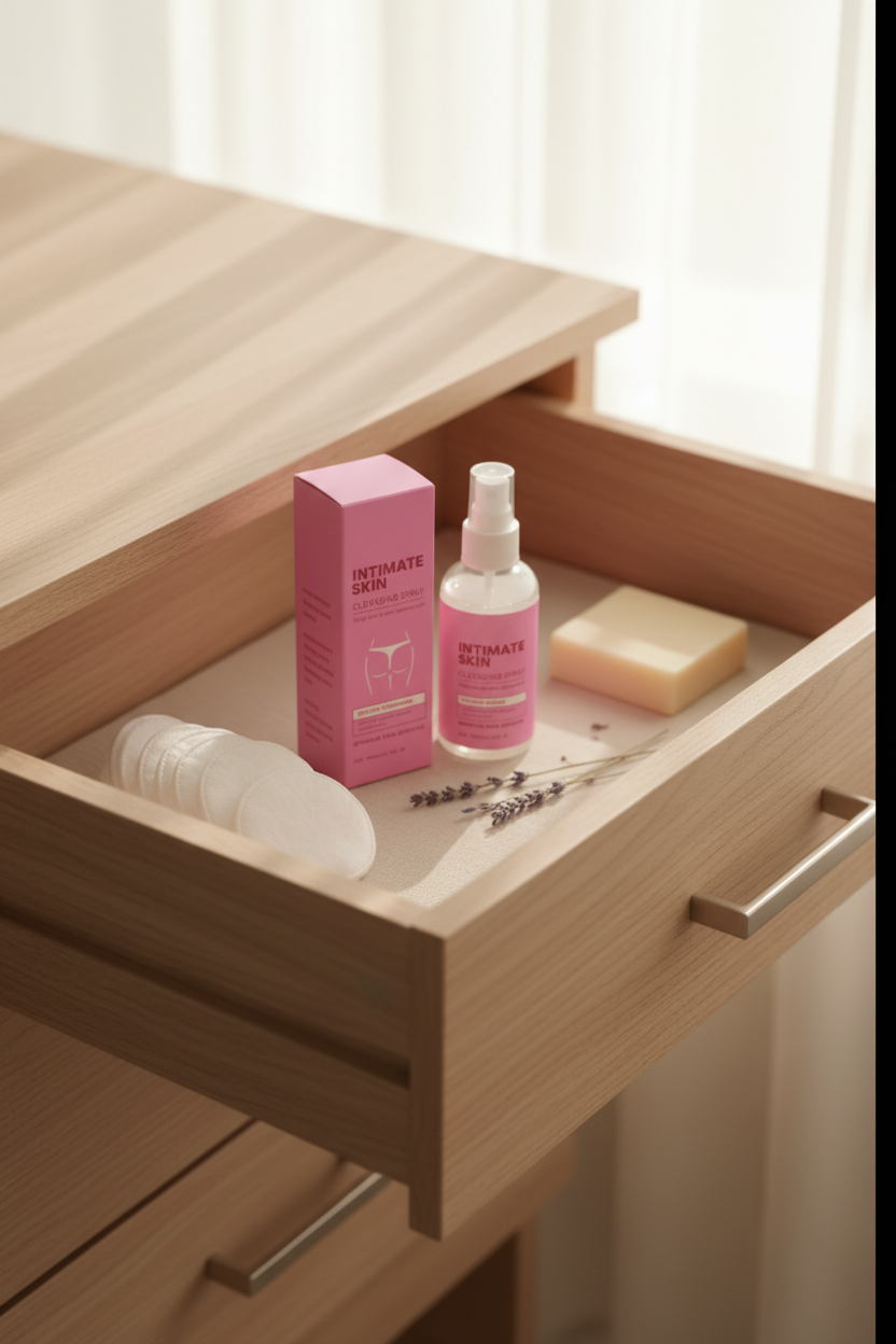 Intimate Skin Cleansing Spray in bathroom drawer