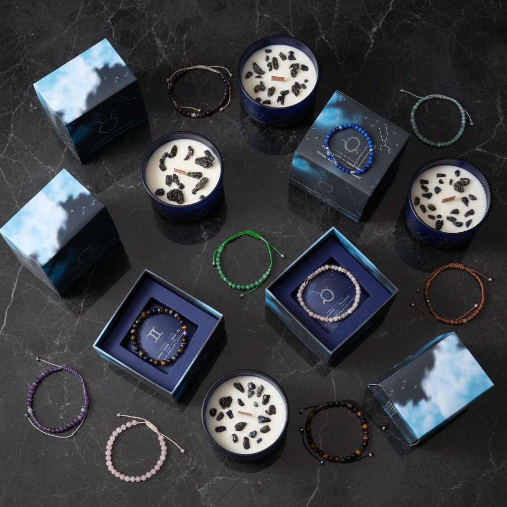 Zodiac crystal candle gift sets flat lay