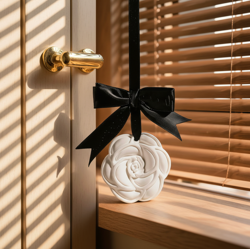 Camellia plaster diffuser hanging on gold door handle with venetian blind light