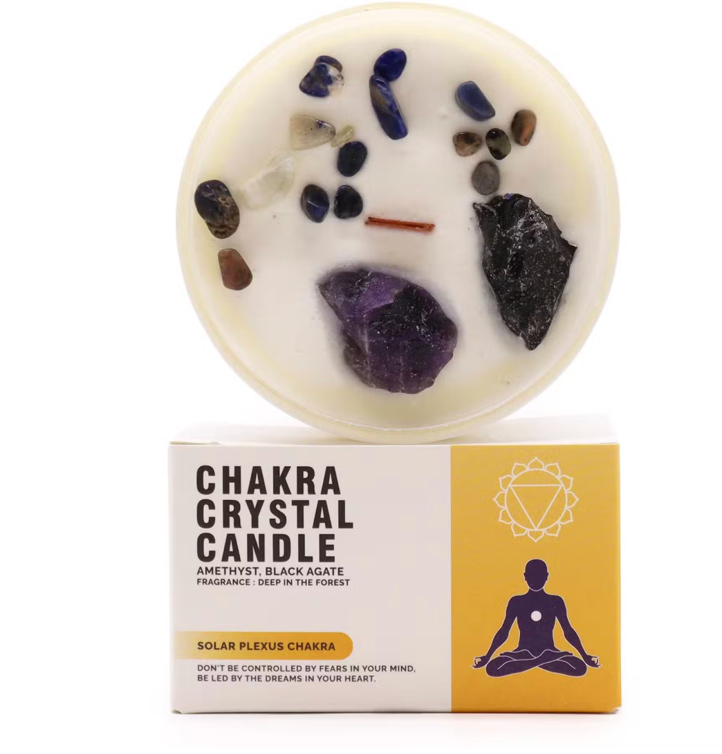 Solar Plexus Chakra Crystal Candle with Amethyst and Black Agate - Fragrance: Deep in the Forest