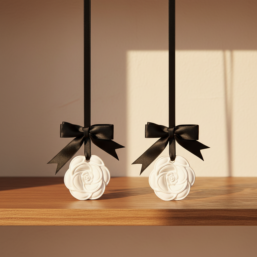 Two camellia plaster diffusers on wooden shelf warm light