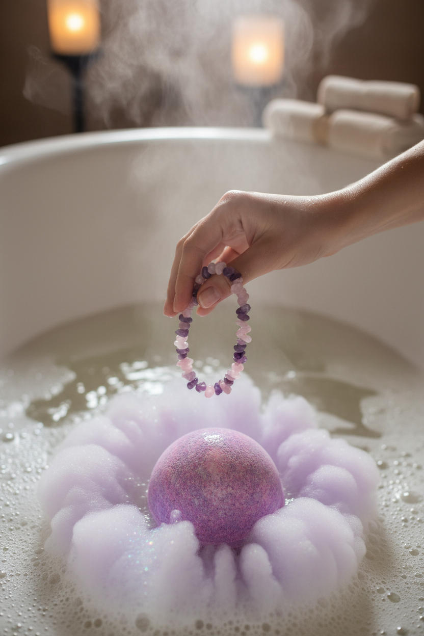 Crystal bracelet and bath bomb lifestyle scene