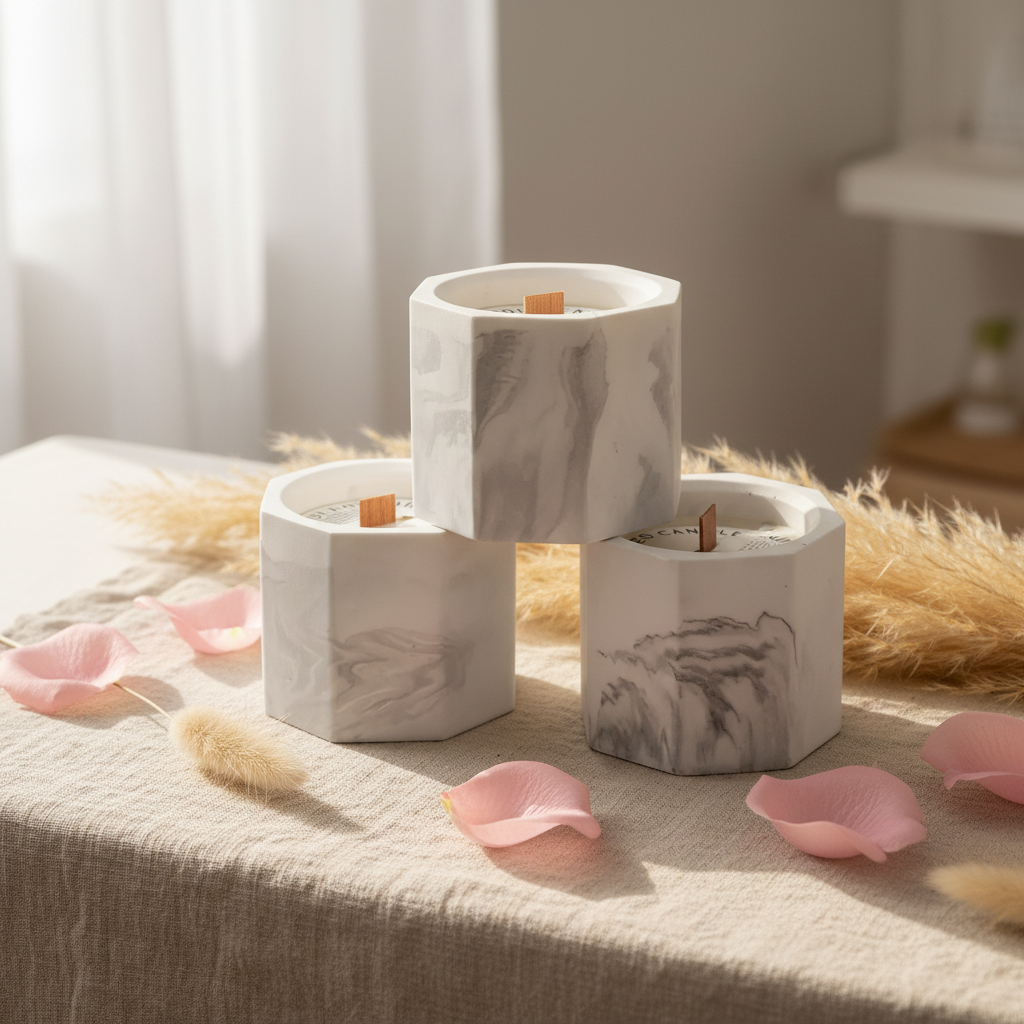 Marble geometric candle with rose petals on linen