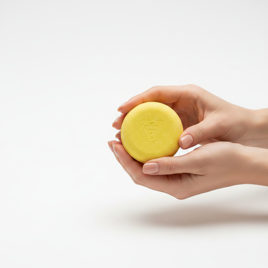 Elegant hands holding yellow chakra bath fizzer