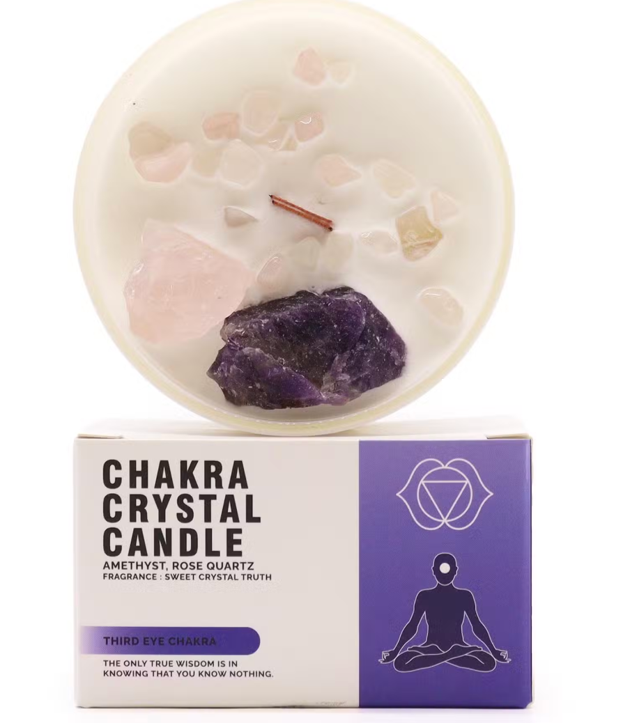Third Eye Chakra Crystal Candle - Amethyst, Rose Quartz - Fragrance: Sweet Crystal Truth
