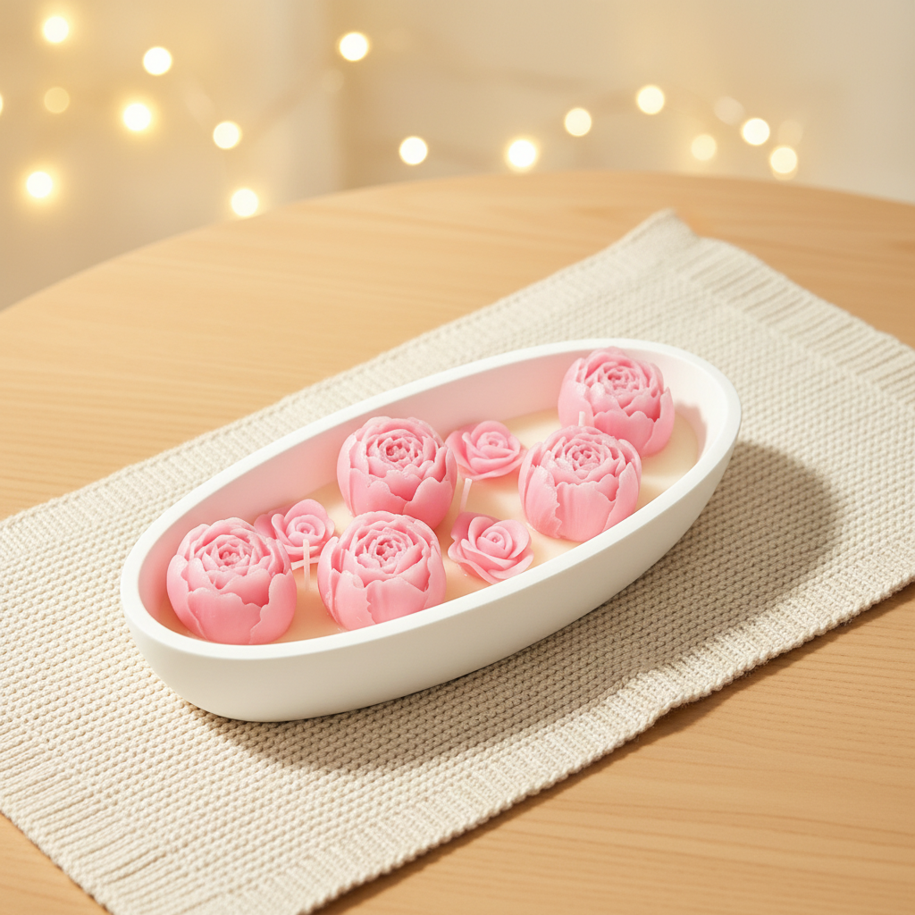 Peony rose candle set on knitted placemat with warm bokeh lights