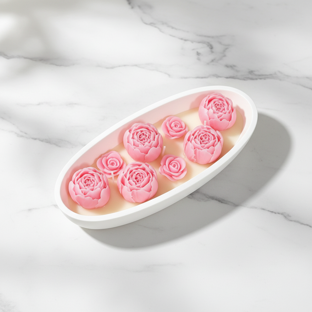 Peony rose candle set flat lay on white marble