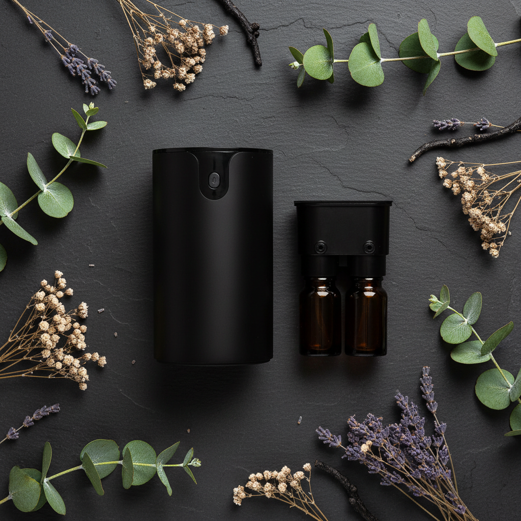 Black nebulizer flat lay dark background