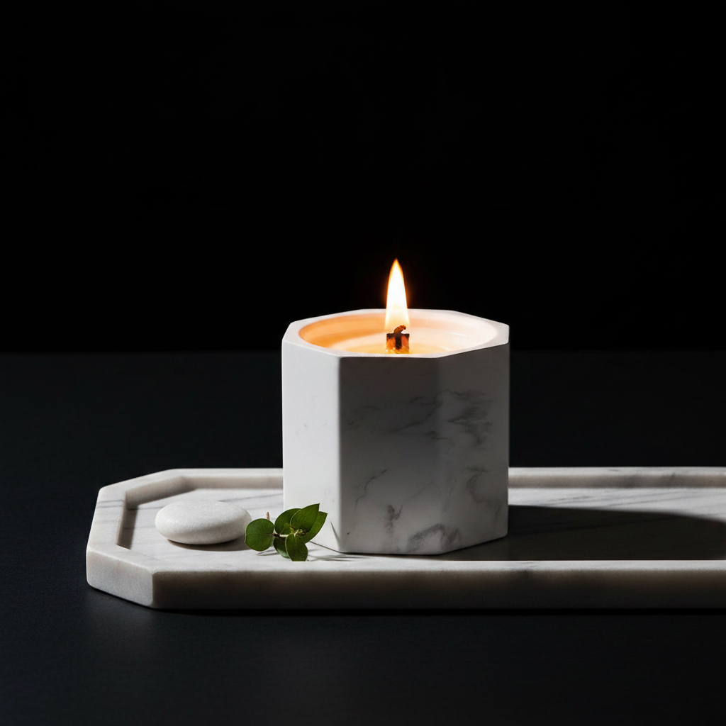 Marble geometric candle lit on black background luxury photography