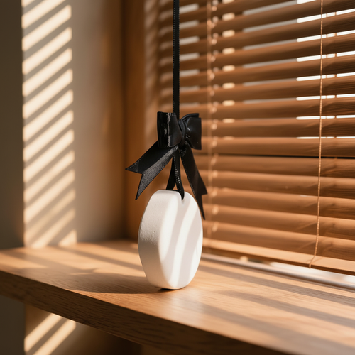 Camellia plaster diffuser on wooden shelf with venetian blind light