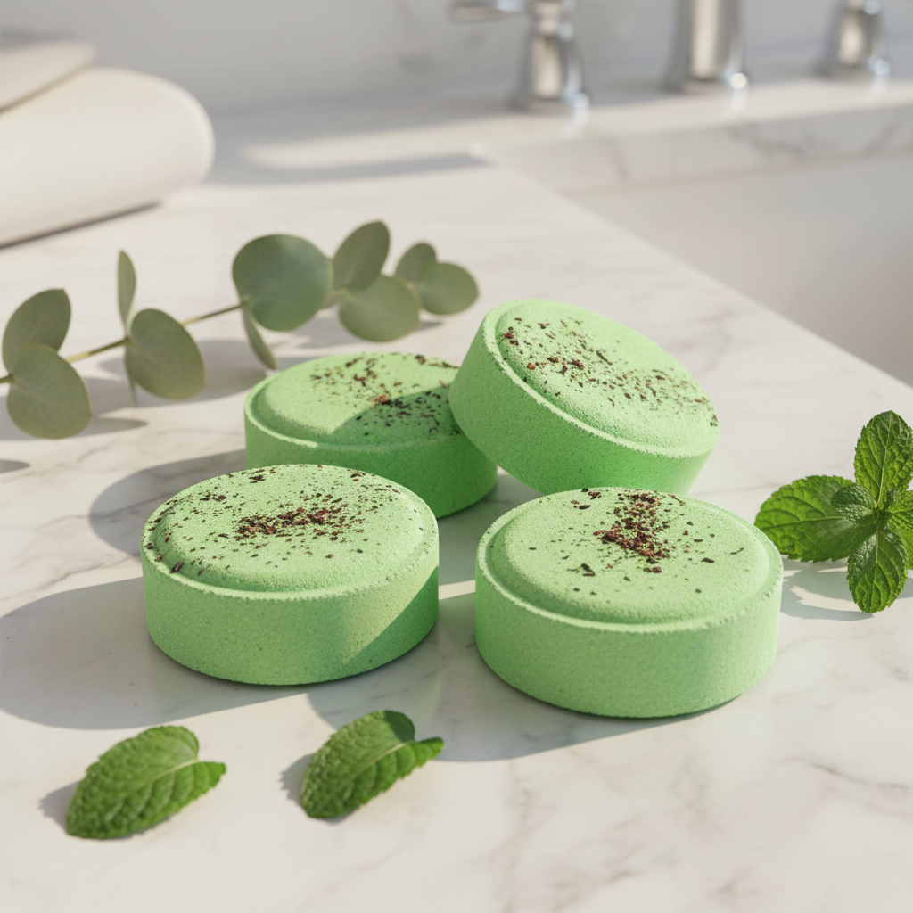 Shower steamers on marble bathroom surface with eucalyptus