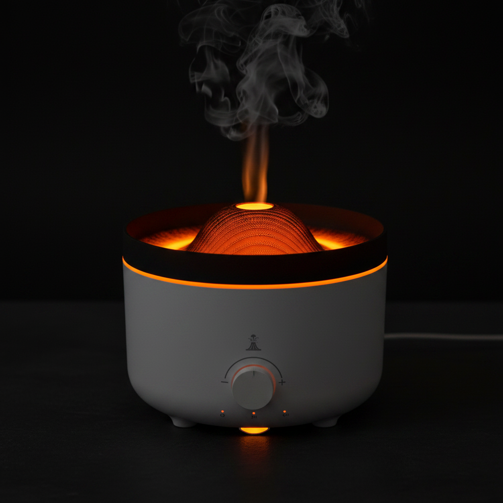 Volcano effect aroma diffuser with orange amber flame, 360ml ultrasonic essential oil diffuser, dark background