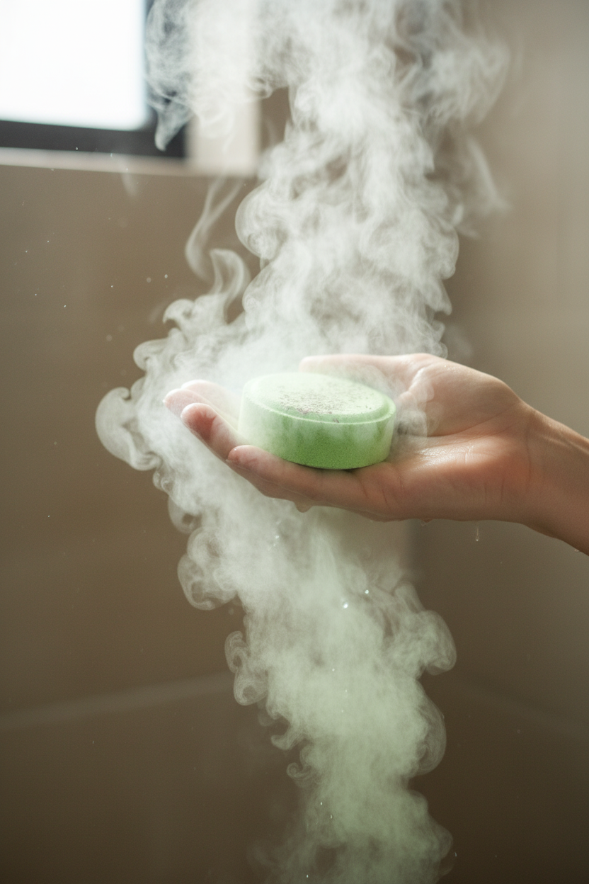 Hand holding shower steamer in steamy shower