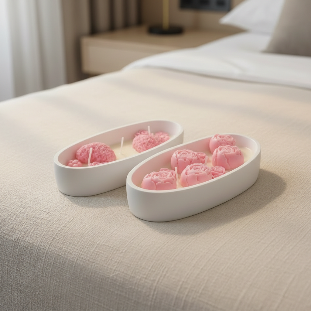Rose candle set on cream linen hotel bedroom