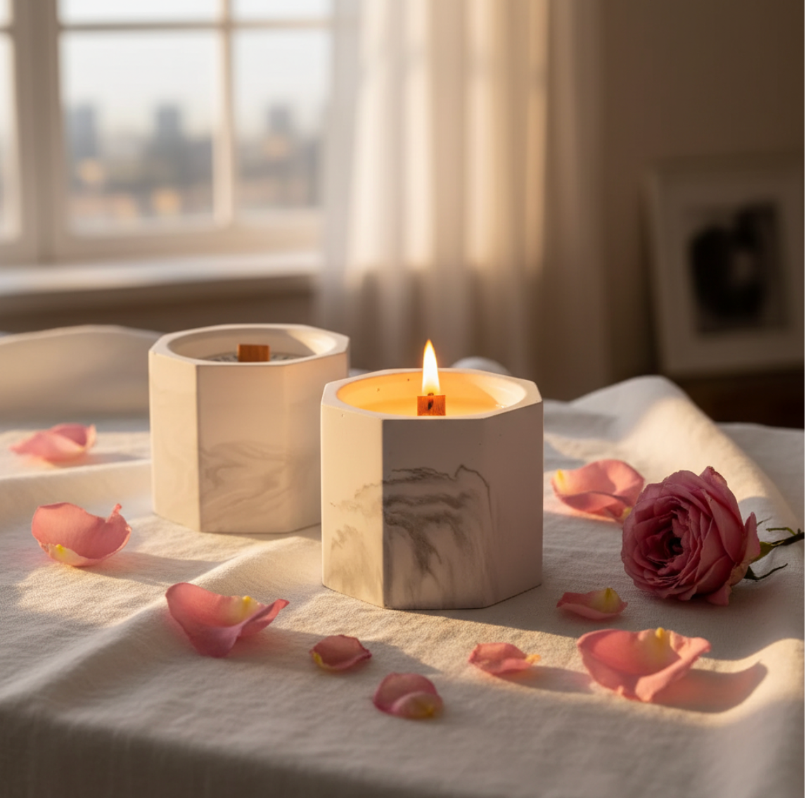 Marble geometric candle lit with rose petals golden hour window light